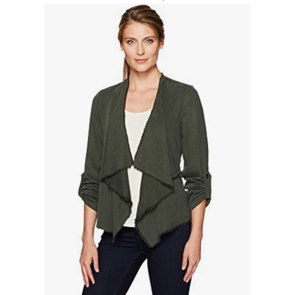 Karen Kane Womens L Olive Tencel Draped Jacket Raw Edge Open Front Made USA - Picture 2 of 9